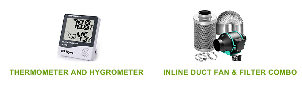 Thermometer and hydrogrometer and inline fan and carbon filter are the monitor and manager of indoor cannabis environment.