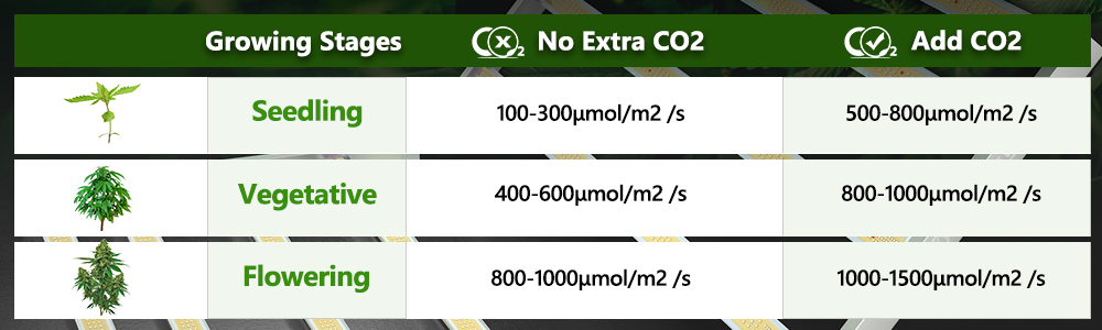 PPFD Chart for weed grow at seedling, veg, flowering stages.